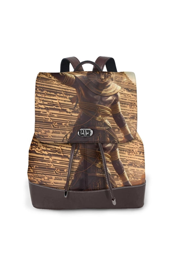 Egyptian Cat Pharaoh Magic Print Women's Leather Backpack,Travel Laptop Backpack,Fashion Ladies Leather Backpack Bag for Travel,Leather Drawstring Daypack for Me