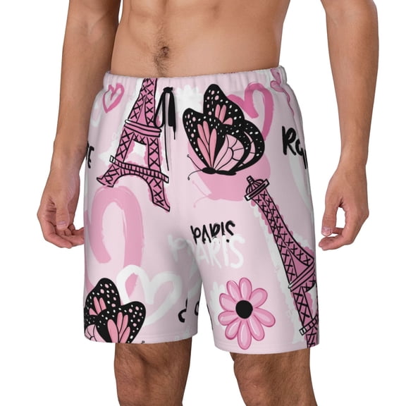 Naloa Eiffel Tower and Butterflies Print Men Swim Trunks with Compression Liner ,Board Shorts,Men's Swim Shorts with Drawstring and Elastic Waistband-3X-Large