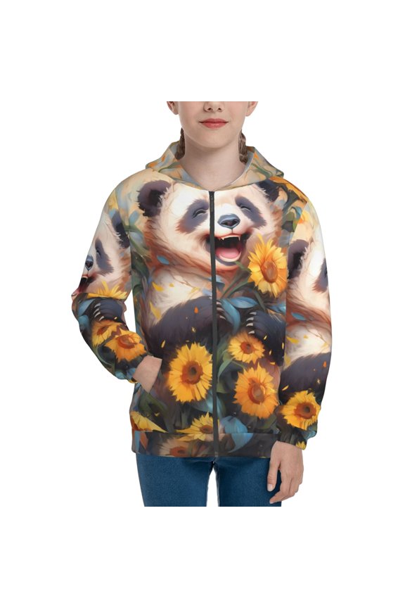 Elegant Cute Panda Sunflower Teenage Zipper Hoodie, Long Sleeve Zip Up Hoodies Casual Jackets Tops for 7-12 Years-Small