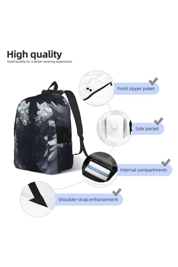 Elegant Feathered Floral Wings Print Durable Canvas College Rucksack,Laptop Excursion Backpack,Travel Notebook School Backpack,Bookbag For Men Women
