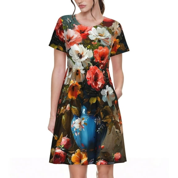 Naloa Elegant Floral Vase Painting Print Womens Summer A-Line Dress with Pockets,Short Sleeve Dresses,Flowy Beach Swing Dress for Vacation Travel
