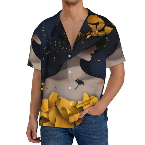 Naloa Elegant Lady With Hat Men's Loose Fit Cuban Collar Short-Sleeve Shirt, Hawaiian Shirts, Mens Shirts Casual for Everyday Wear Outings-3X-Large