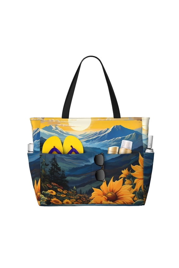 Elegant Sunset Sunflower Large Capacity Beach Bag, Waterproof Sandproof Beach Swim Pool Bag Tote Bag for Women