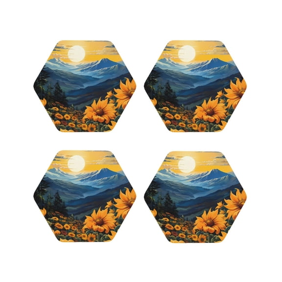 Naloa Elegant Sunset Sunflower Leather Coasters for Drinks, Durable Drink Coasters 4 Set for Tabletop Protection, Luxurious Home Décor and Housewarming Gift ( {designName})Hexagon