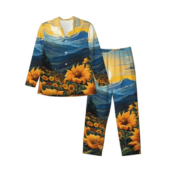 Naloa Elegant Sunset Sunflower Men’s Pajamas Set - Long Sleeve Button Down Sleep Shirt and Pajama Bottoms Sleepwear Set-