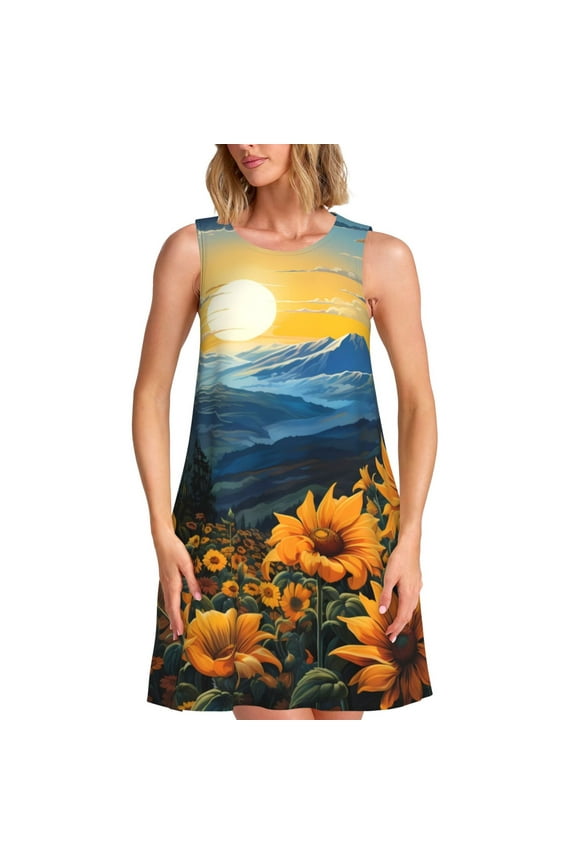 Elegant Sunset Sunflower Print Women's Summer Spring Casual Beach Sundress,Vacation Sleeveless Tank Crewneck Loose Dresses