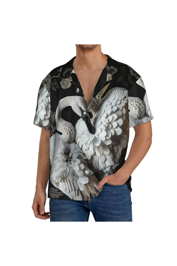 Elegant Swans Black Background Men's Loose Fit Cuban Collar Short-Sleeve Shirt, Hawaiian Shirts, Mens Shirts Casual for Everyday Wear Outings-X-Large