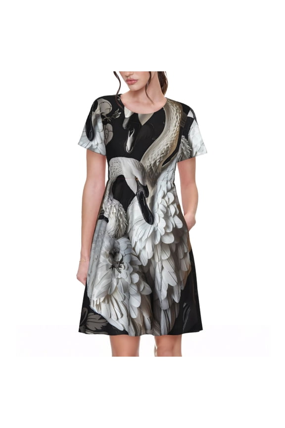 Elegant Swans Black Background Print Womens Summer A-Line Dress with Pockets,Short Sleeve Dresses,Flowy Beach Swing Dress for Vacation Travel