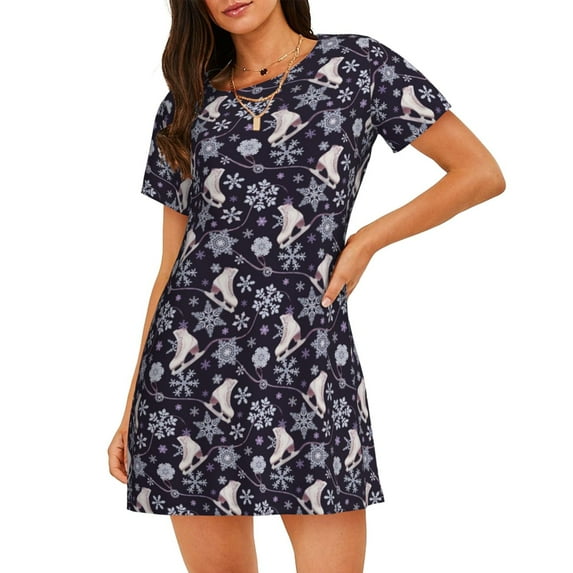 Naloa Elegant ice skates snowflakes A Print Women Nightgowns,Womens Loungewear,Short Sleeve Sleepwear,Comfy Ladies Nightdress