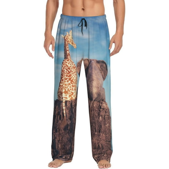 Naloa Elephant And A Giraffe Sitting On A Rock Admiring The Ocean Pajama Pants Men, PJ Bottoms, Sleep & Lounge Pants-XX-Large