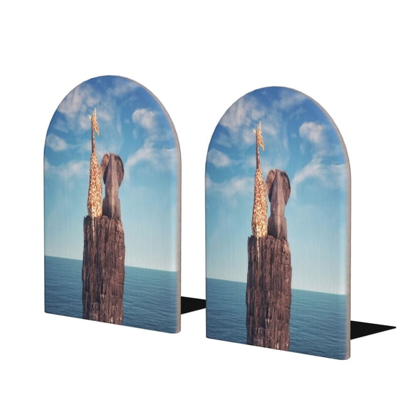 Naloa Elephant And A Giraffe Sitting On A Rock Admiring The Ocean 2 Pcs Bookend Large Capacity Office Book Ends for Home Office Library School Study Decoration