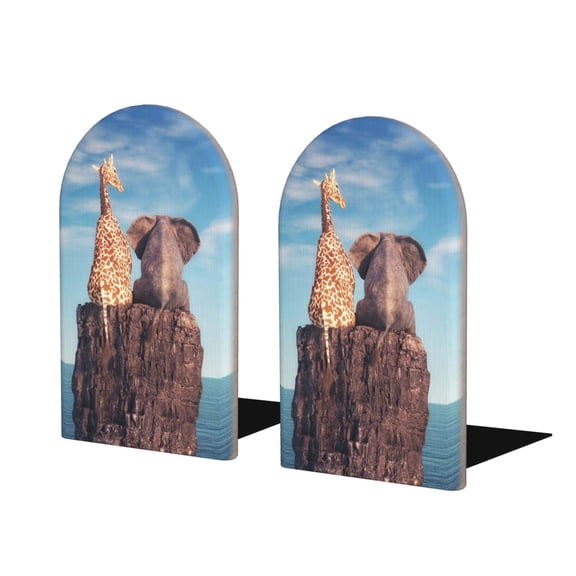 Naloa Elephant And A Giraffe Sitting On A Rock Admiring The Ocean Wood Non-Skid Bookend for Shelves,Book Ends for Heavy Books, Book Stand for CDs,1 Pair