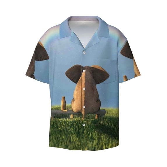 Naloa Elephant Dog Men's Loose Fit Cuban Collar Short-Sleeve Shirt with Button-down and Chest Pocket for Everyday Wear Outings - Large