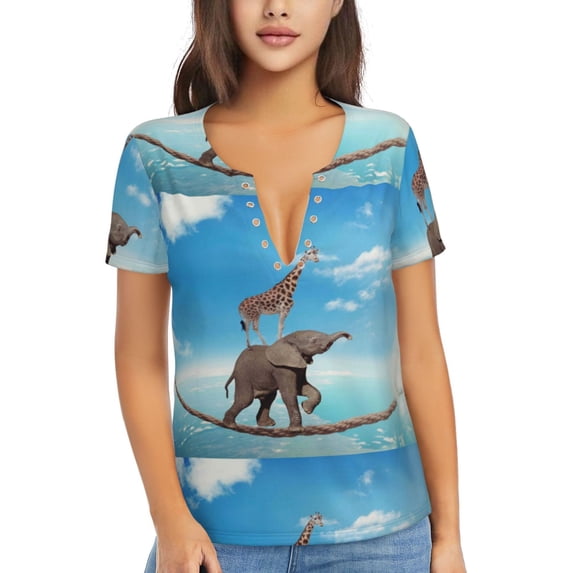 Naloa Elephant Giraffe Print T-Shirts Short Sleeve V Neck Tees for Women Fashion Tops Trendy Lightweight Soft Casual Summer Outfits Clothes