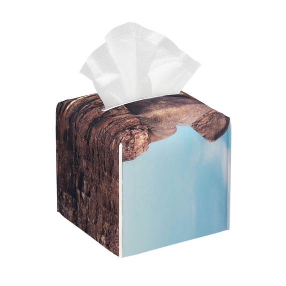 Naloa Elephant And A Giraffe Sitting On A Rock Admiring The Ocean Tissue Box Cover Leather Tissue Holder Square Facial Tissue Case for Bathroom, Vanity Countertop, Tabletop, Car