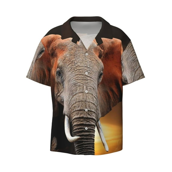 Naloa Elephant Sunset in Kenya Men's Loose Fit Cuban Collar Short-Sleeve Shirt with Button-down and Chest Pocket for Everyday Wear Outings - 4X-Large