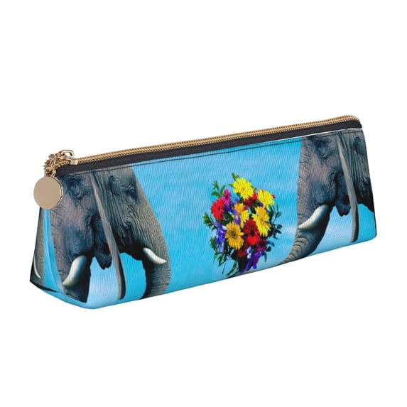 Naloa Elephant Trunk Couple Flowers Print Leather Pencil Case - Portable Big Capacity Pencil Pouch Organizer Bag Stationery Bag for Work & Office Pencil Pen Case