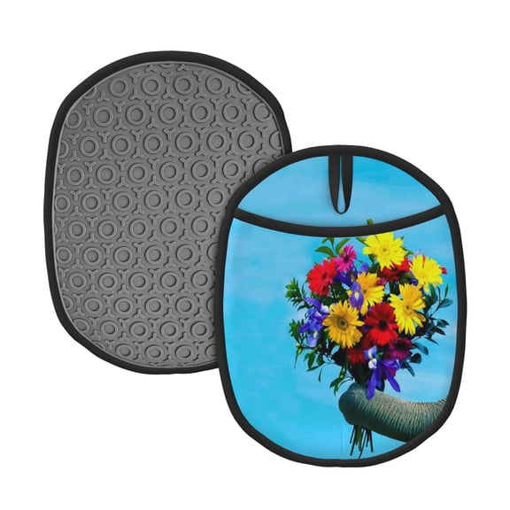 Naloa Elephant Trunk Couple Flowers Silicone Pot Holders, Oven Mitts Heat Resistant Hot Pads, Non Slip Pot Holder for Kitchen Baking and Cooking 9.4 x 7.5 Inches