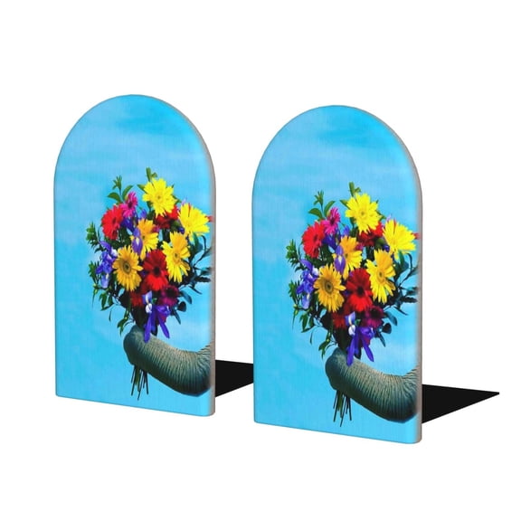 Naloa Elephant Trunk Couple Flowers Wood Non-Skid Bookend for Shelves,Book Ends for Heavy Books, Book Stand for CDs,1 Pair