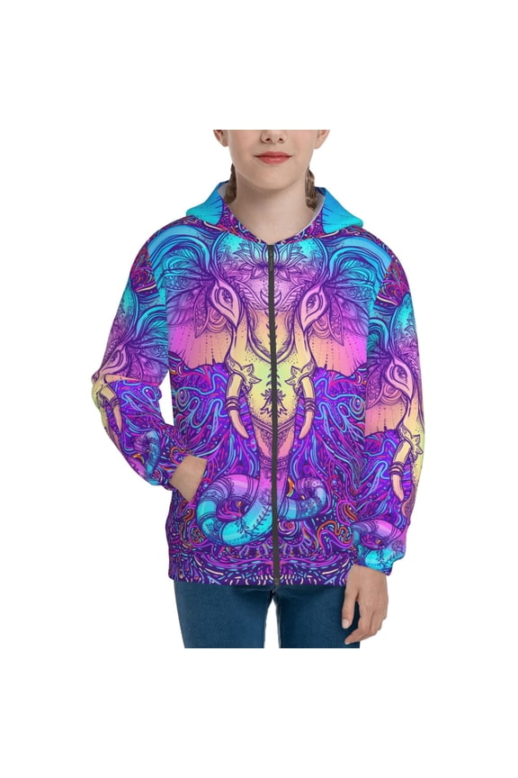 Elephant in Tribal Style Teenage Zipper Hoodie, Long Sleeve Zip Up Hoodies Casual Jackets Tops for 7-12 Years-