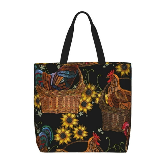 Naloa Embroidery Chicken Rooster Tote Bag for Women, Foldable Tote Bag With Zipper, Large Shoulder Bag, Top Handle Handbag for Travel, Work, Shopping