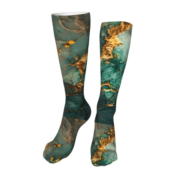 Naloa Emerald Color Gold Marble High Stockings Women Thigh High Stockings Over Knee Long Stockings-One Size