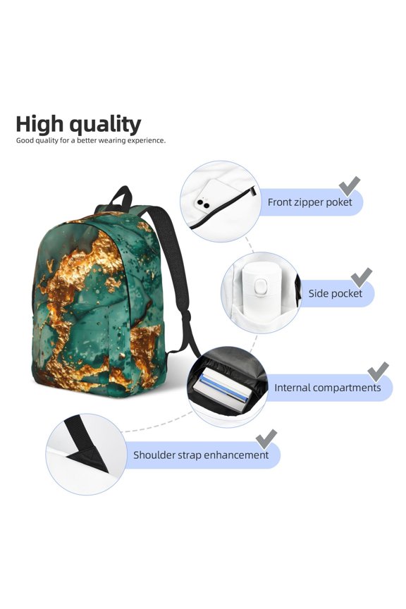 Emerald Color Gold Marble Print Durable Canvas College Rucksack,Laptop Excursion Backpack,Travel Notebook School Backpack,Bookbag For Men Women