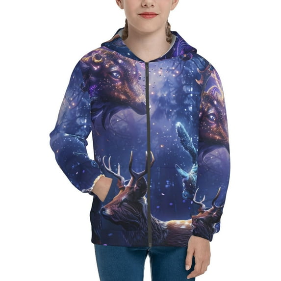 Naloa Enchanted Forest Stag Gathering Teenage Zipper Hoodie, Long Sleeve Zip Up Hoodies Casual Jackets Tops for 7-12 Years-Small
