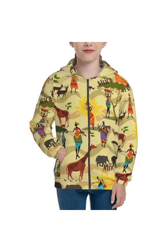 Ethnic African Teenage Zipper Hoodie, Long Sleeve Zip Up Hoodies Casual Jackets Tops for 7-12 Years-