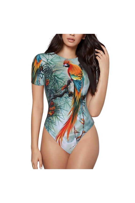 Exotic Birds Forest Bodysuits for Women, Women's Short-Sleeved Onesie, One-Piece for Parties, dates, clubs-X-Large