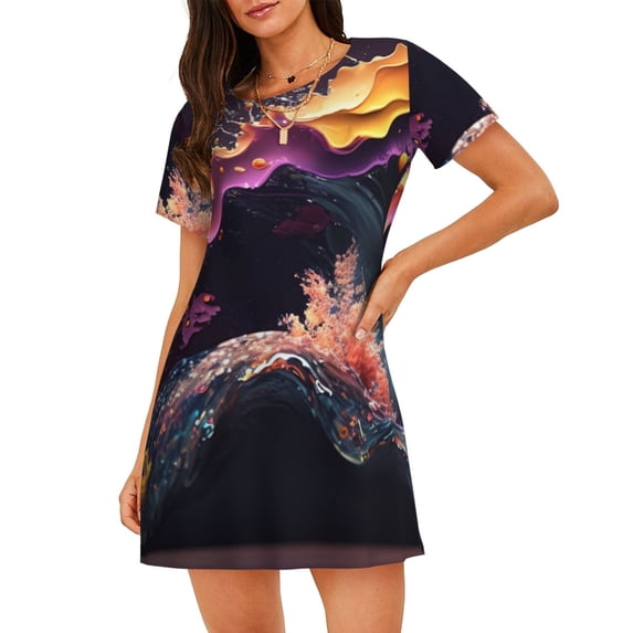Naloa Explosive Fluid Splash Art Print Women Nightgowns,Womens Loungewear,Short Sleeve Sleepwear,Comfy Ladies Nightdress