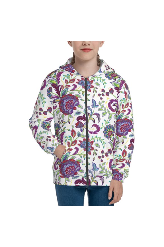 Fairy Flower Teenage Zipper Hoodie, Long Sleeve Zip Up Hoodies Casual Jackets Tops for 7-12 Years-Small
