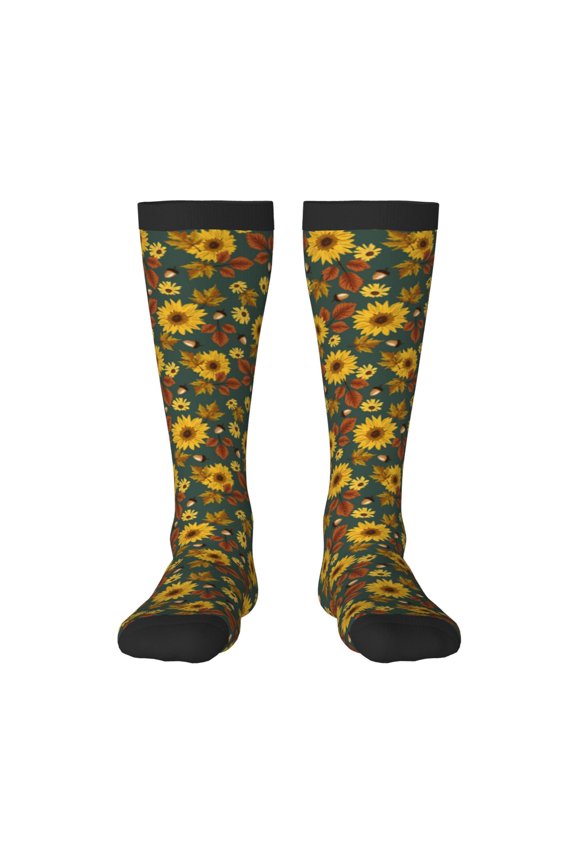 Fall Daisy Leaf Nuts Knee Socks, High Socks Long Stretchy Sock Women Knee High Stocking, Long Socks for Women