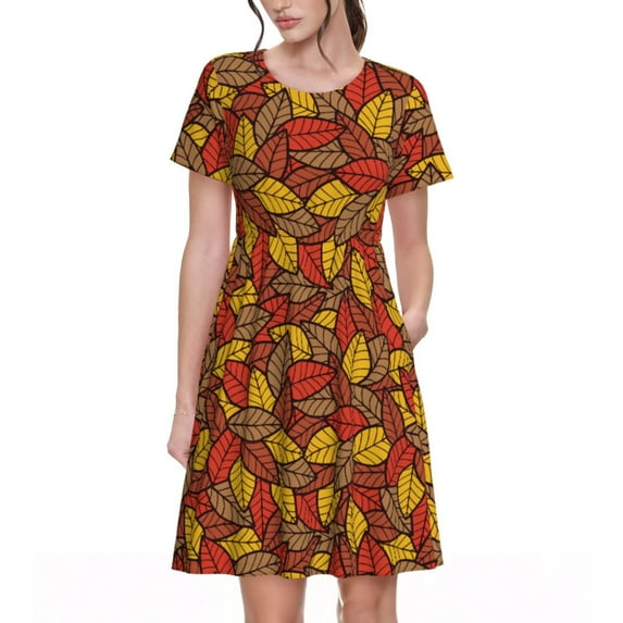 Naloa Fall Leaves Print Womens Summer A-Line Dress with Pockets,Short Sleeve Dresses,Flowy Beach Swing Dress for Vacation Travel