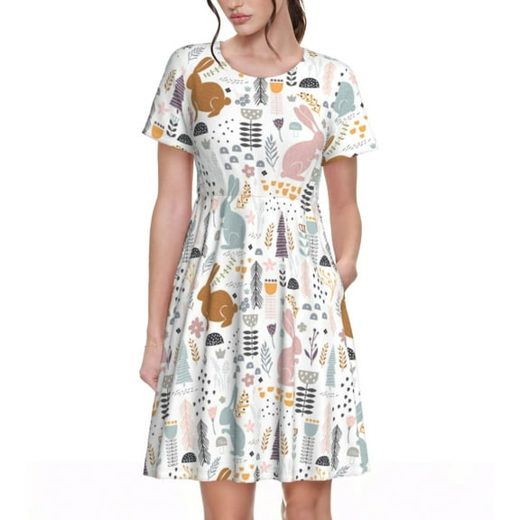 Naloa Fall Rabbit Print Womens Summer A-Line Dress with Pockets,Short Sleeve Dresses,Flowy Beach Swing Dress for Vacation Travel