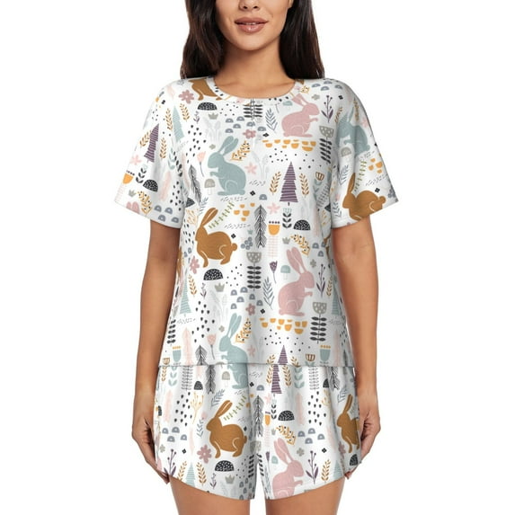 Naloa Fall Rabbit Women's Short-Sleeved Pajama Set, Loungewear, Summer pajamas, Breathable Cozy - X-Large