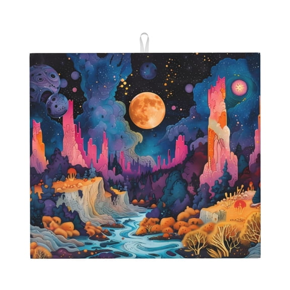 Naloa Fantasy Cosmic Landscape Dish Drying Mat for Kitchen Counter, Heat Resistant Drainer Mats, Absorbent Draining Mat,Dish Rack Pad,16"x18"