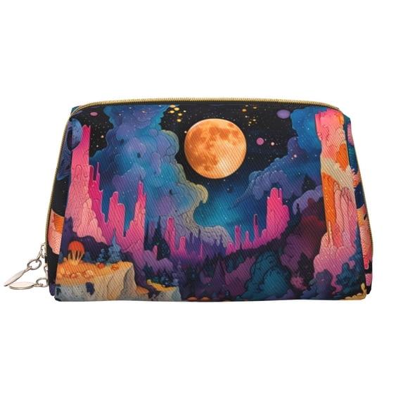 Naloa Fantasy Cosmic Landscape Leather Makeup Bag for Purse Travel, Portable Small Cosmetic Organizer for Women and Girls, Make up Bag with Zipper