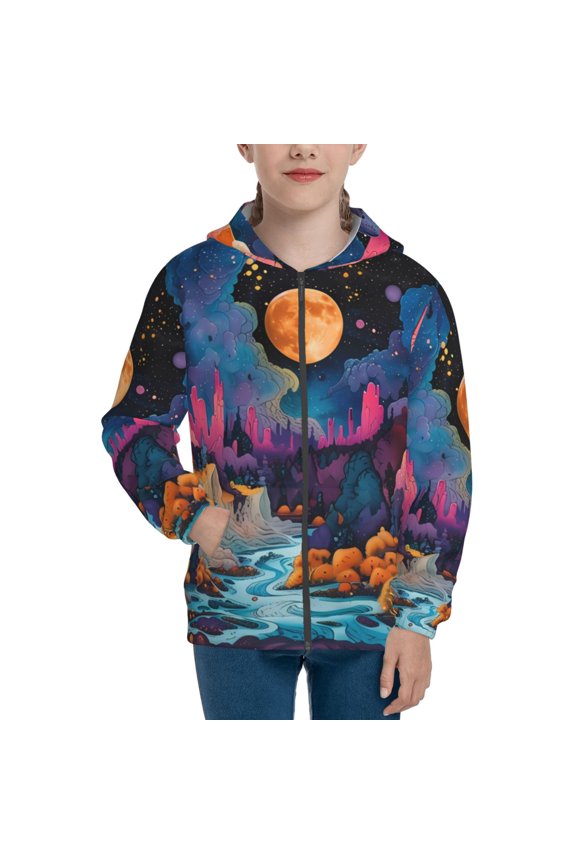 Fantasy Cosmic Landscape Teenage Zipper Hoodie, Long Sleeve Zip Up Hoodies Casual Jackets Tops for 7-12 Years-Medium