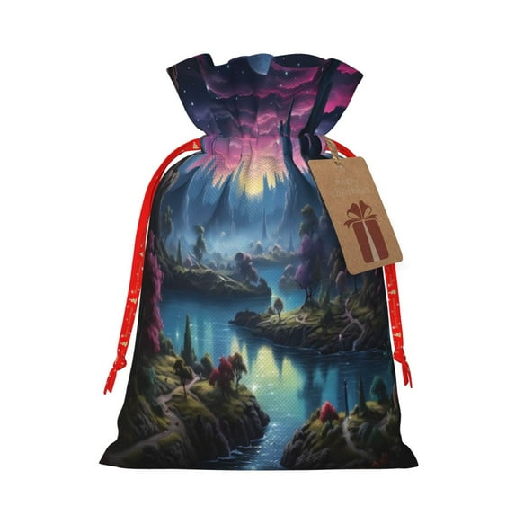 Naloa Fantasy Landscape Starry Night Drawstring Christmas Bags, 3D Xmas Gift Bags, Christmas Wrapping Bags, Xmas Goodie Bags, Treat Pouch Bags, Party Favor Bags-Medium