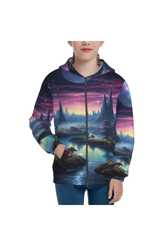 Fantasy Landscape Starry Night Teenage Zipper Hoodie, Long Sleeve Zip Up Hoodies Casual Jackets Tops for 7-12 Years-Medium