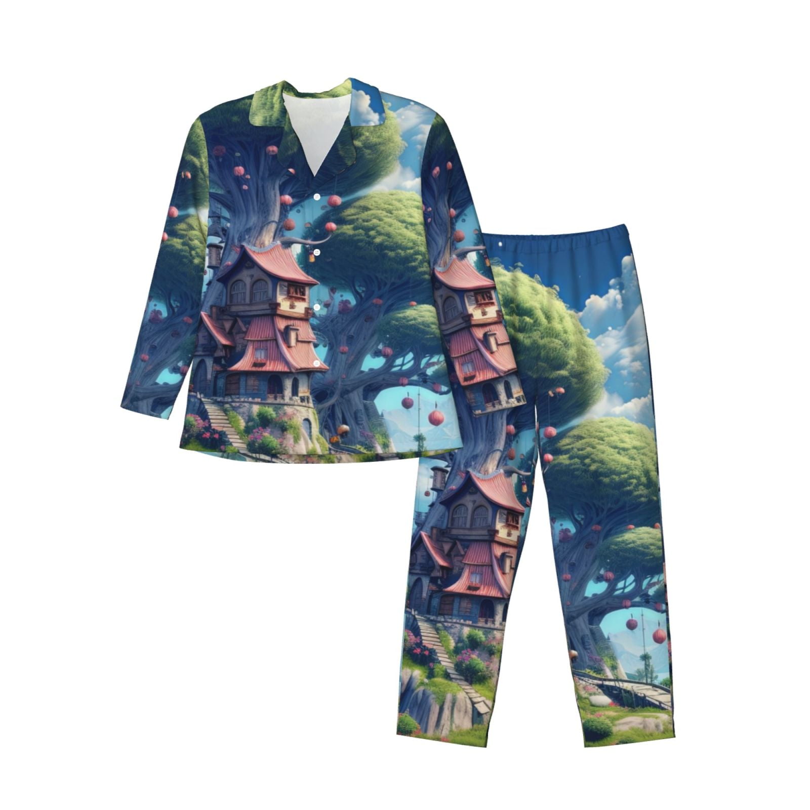 Naloa Fantasy Treehouse Planet Scene Men’s Pajamas Set - Long Sleeve ...