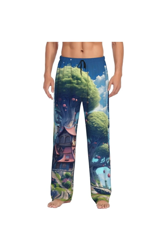 Fantasy Treehouse Planet Scene Pajama Pants Men, PJ Bottoms, Sleep & Lounge Pants-Small