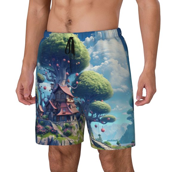 Naloa Fantasy Treehouse Planet Scene Print Men Swim Trunks with Compression Liner ,Board Shorts,Men's Swim Shorts with Drawstring and Elastic Waistband-Medium