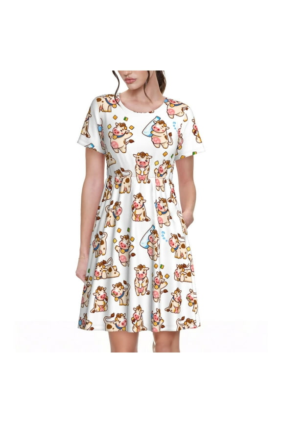 Farm Cow Animal Print Womens Summer A-Line Dress with Pockets,Short Sleeve Dresses,Flowy Beach Swing Dress for Vacation Travel