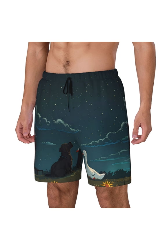 Farm Dog Duck Moonlight Print Men Swim Trunks with Compression Liner ,Board Shorts,Men's Swim Shorts with Drawstring and Elastic Waistband-Medium