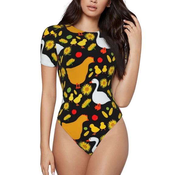 Naloa Farm Goose Women's Short-Sleeved Onesie, One-Piece Swimsuit for Parties, dates, clubs - Medium