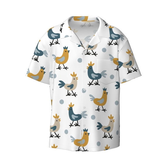 Naloa Farm Roosters Men's Loose Fit Cuban Collar Short-Sleeve Shirt with Button-down and Chest Pocket for Everyday Wear Outings - 4X-Large