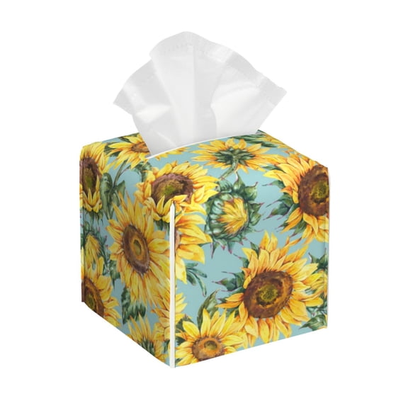 Naloa Farmhouse Sunflower Tissue Box CoverLeather Tissue Holder Square Facial Tissue Case Facial Paper Organizer Dispenser for Bathroom, Vanity Countertop, Tabletop, Car