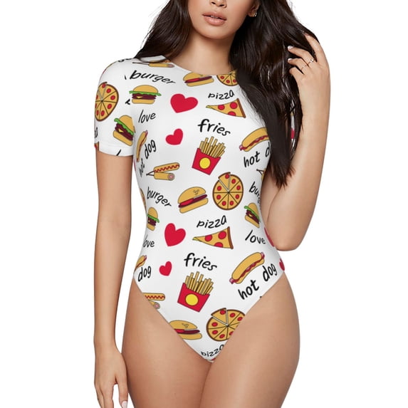 Naloa Fast Food Women's Short-Sleeved Onesie, One-Piece Swimsuit for Parties, dates, clubs - Small